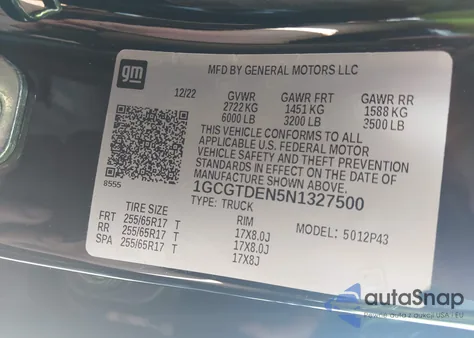 2022 Chevrolet Colorado 4Wd Short Box Z71 z USA, uszkodzony, nr VIN 1GCGTDEN5N1327500